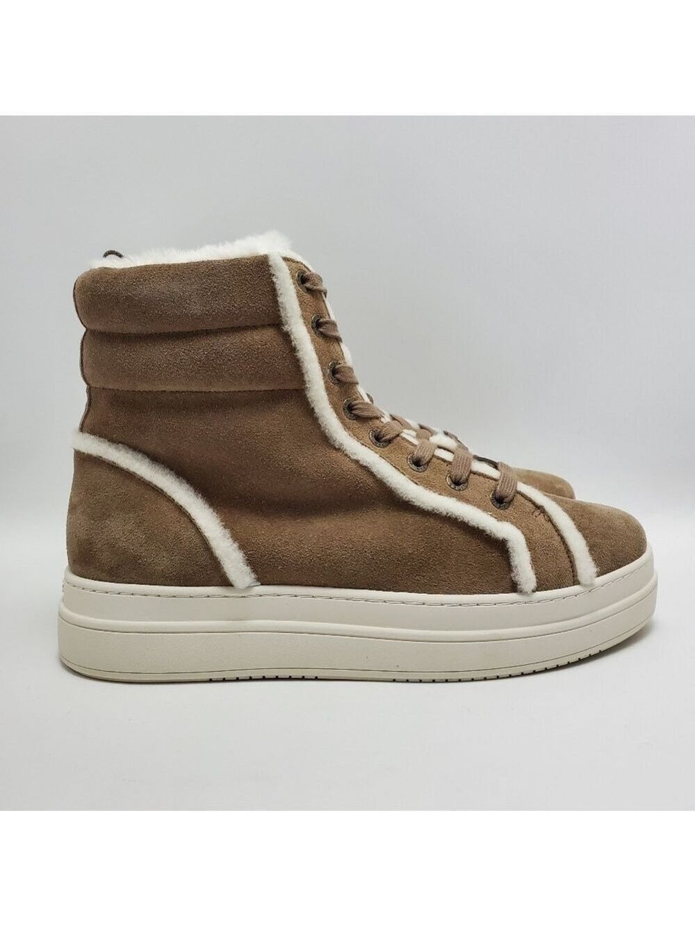 J Slides NYC Nadal Faux Fur High Top Platform Boot Sneakers Taupe Suede Size 9.5 - Picture 2 of 15